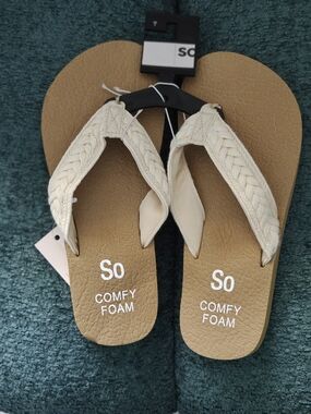 SO Women's Cream Braided Thong Sandals with Comfy Foam Footbed